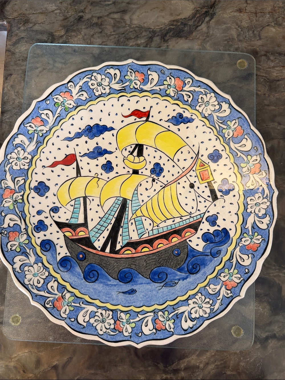 AND White Ceramic Decorative Plate with Blue Floral Accent